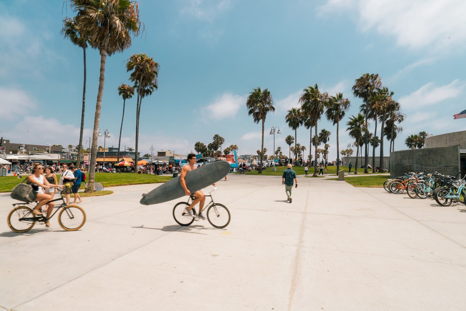 Sunny park with tall palm trees, people biking, and a row of bikes lining the walkway under a blue sky.