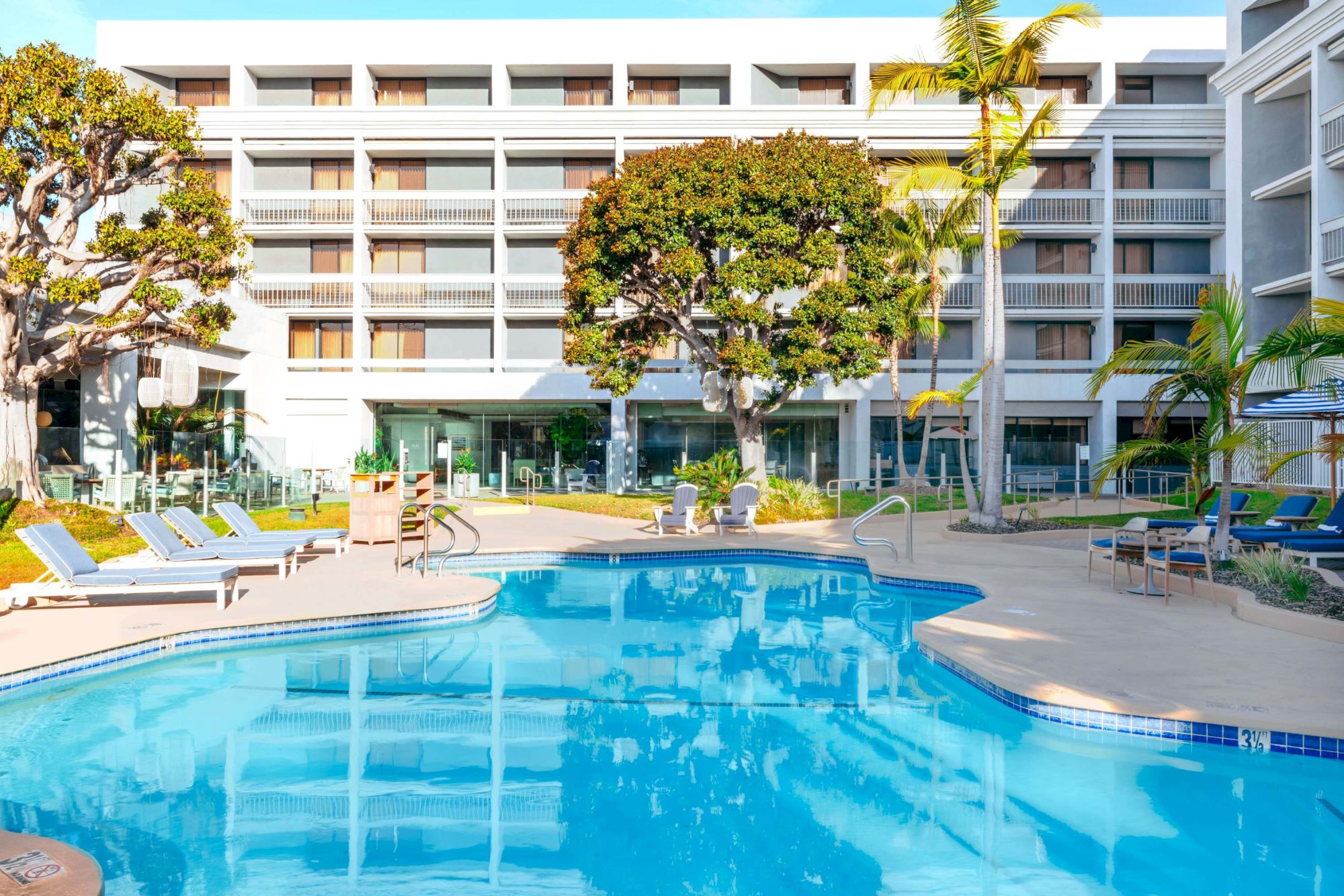 A sunny hotel pool surrounded by lounge chairs and a modern white building, palm trees adding a tropical vibe, inviting vacation vibes.